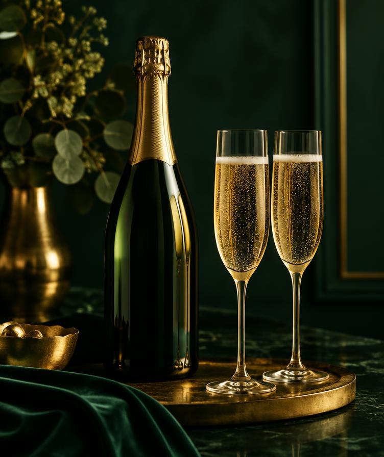 Illustration af en champagneflaske og to glas champagne