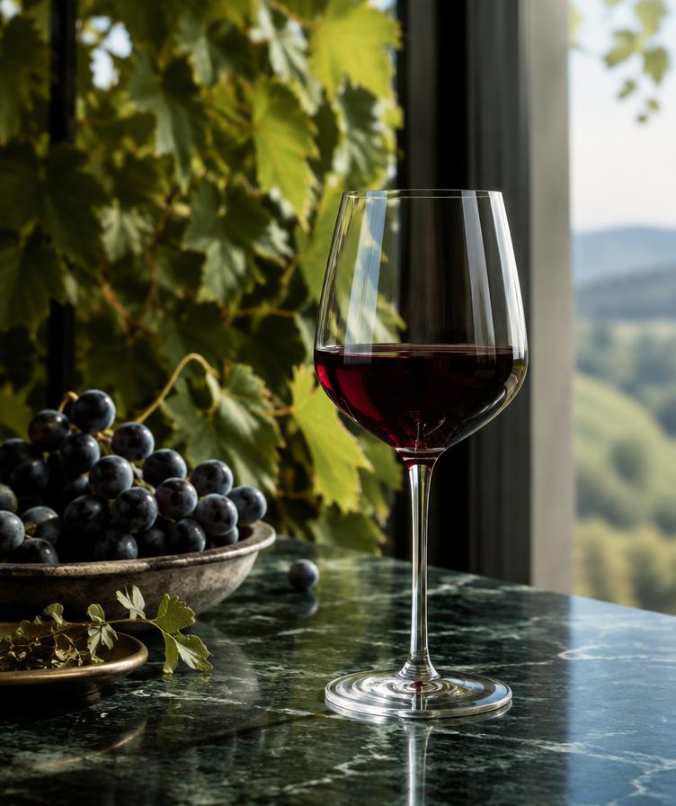 Et glas rubinrød vin ved et vindue