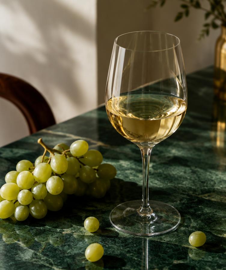 Et glas gylden hvidvin med grønne druer